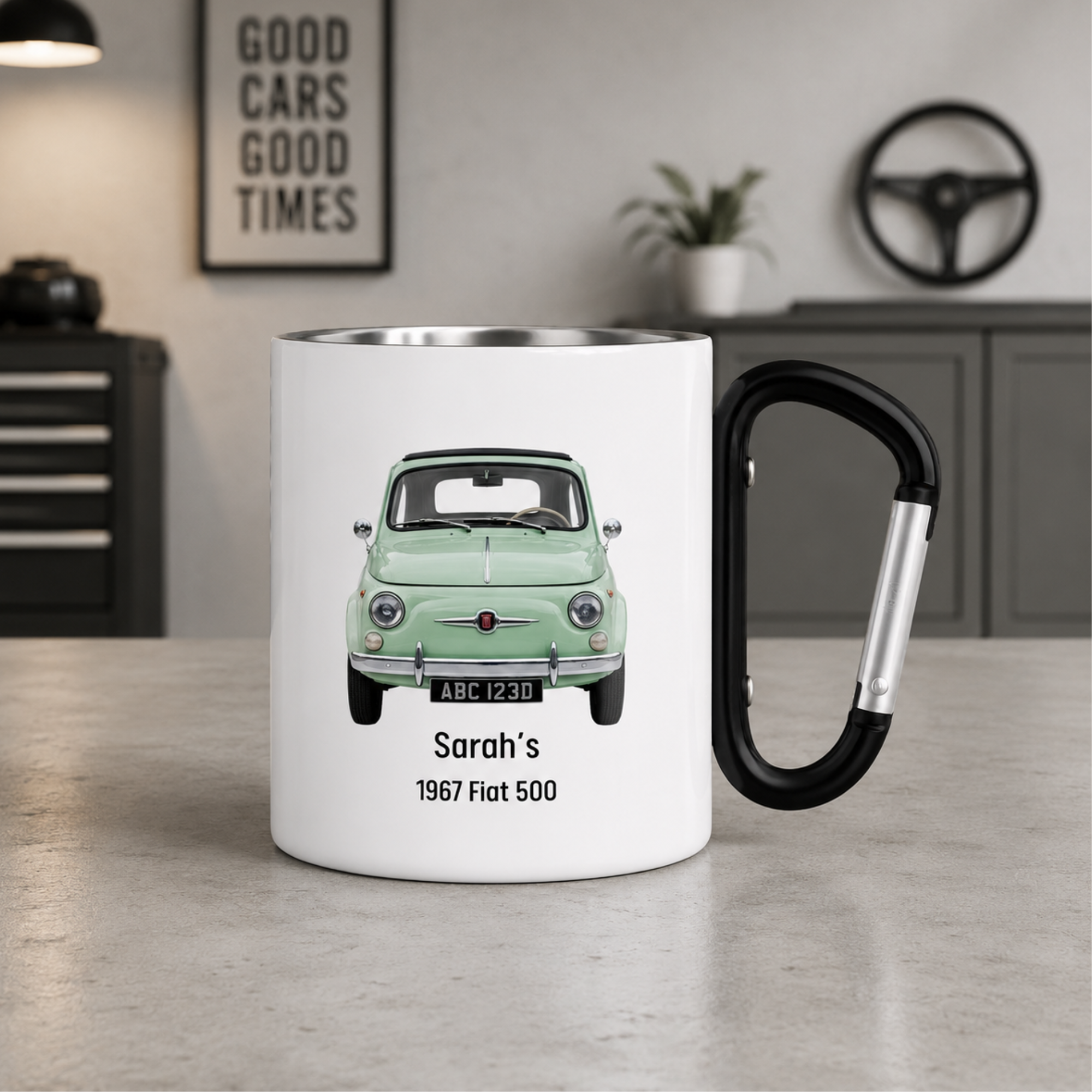 Personalised Vehicle Mug with Carabiner Handle & Lid
